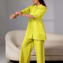 Libas Lime Yellow Cotton Printed Shirt & Pyjama Set image 3