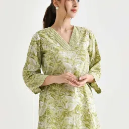 Rustorange Lime Green Cotton Printed A Line Short Kurti image 3
