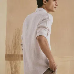 Andamen Khaki Linen Regular Fit Striped Shirt image 2