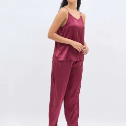 Clovia Maroon Satin Regular Fit Night Suit image 3