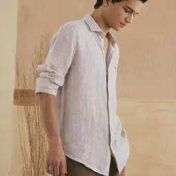 Andamen Khaki Linen Regular Fit Striped Shirt image 3