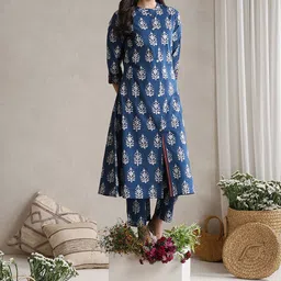 Khushal K Indigo-Bloom Printed Cotton Tunic With Trouser Co-Ords image 5
