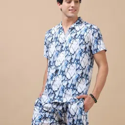 Bushirt Dark Blue Regular Fit Printed Co-Ord Set image 3