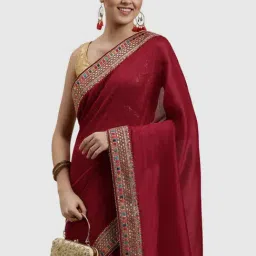 Mohey Red Embroidered Saree With Unstitched Blouse image 3