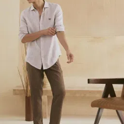 Andamen Khaki Linen Regular Fit Striped Shirt image 4