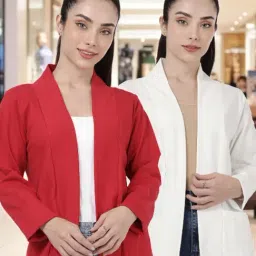 Kryptic Red and Off White Cotton Solid Open Front Shrug with Pockets, Pack of 2-picture-10