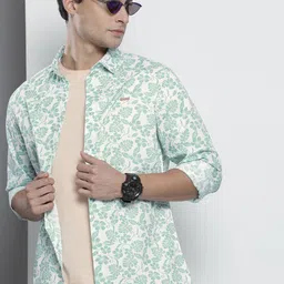 The Indian Garage Co Men Off White & Mint Green Slim Fit Tropical Printed Cotton Shirt-picture-24