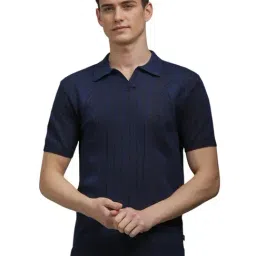 Louis Philippe Navy Cotton Regular Fit Self Pattern Polo T-Shirt-picture-22