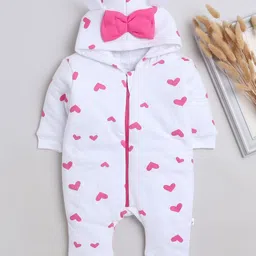 BUMZEE Full SleevesHeart Printed & Bow Embellished Hooded StyleRomper - White & Pink-picture-26