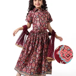 Earthy Touch Single Jersey Knti Half Sleeves Foil Floral Printed Choli Lehenga Set with Dupatta - Maroon-picture-17