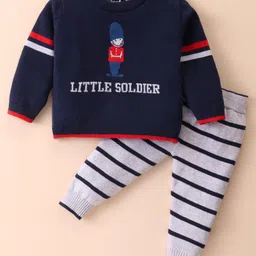 ToffyHouse Knitted Cotton Full Sleeves Winter Wear Set With Stripes & Soldier Design - Navy & Light Grey-image-66