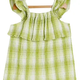 MINI KLUB Cotton Frill Sleeves Checked Smocked Top - Green-image-2