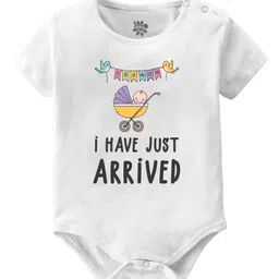 Baby Buzz 100% Cotton Half Sleeves I Have Just Arrived Text Printed Onesie - White-picture-27