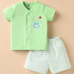Zero Sinker Knit Half Sleeves Shorts Night Suit With Stripes & Welcome Friend Text Print - Light Green & White-picture-41