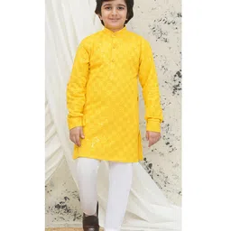 AJ Dezines Schiffli Full Sleeves Floral Embroidered Sequins Embellished Kurta Pyjama Set - Yellow-picture-12