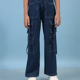 CRIMSOUNE CLUB Cotton Woven Solid Cargo Jeans - Blue-picture-26