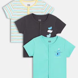 MINI KLUB Cotton Knit Pack Of 3 Half Sleeves Striped & Birds Printed Jhablas - Blue Yellow & Dark Grey-image-89