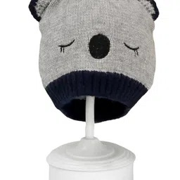Yellow Bee Koala Face Detailed Knitted Wool Beanie Cap - Grey & Navy Blue image 2