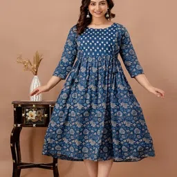 NEVISHA STYLE Cotton Woven Three Fourth Sleeves Floral Printed Maternity Kurta With Nursing Access - Blue image 4