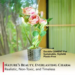 Ekhasa Pink & Green Roses Artificial Flower With Cement Vase Pot image 2