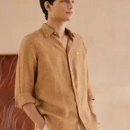 Andamen Brown Linen Regular Fit Chevron Shirt-picture-37