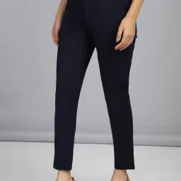 FITHUB Navy Skinny Fit High Rise Formal Trousers image 3
