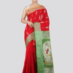 Pinkloom Red & Green Cotton Silk Woven Saree With Unstitched Blouse-picture-36