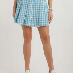 zink london zink Z Blue Cotton Chequered A-Line Skirt-picture-19