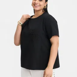 VIRGIO Black Regular Fit Embroidered T-Shirt image 3