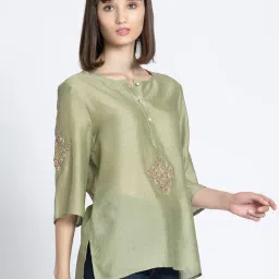 SHAYE Green Chanderi Embellished Kurti image 3
