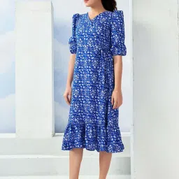 SELVIA Blue Printed A-Line Dress image 3