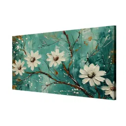 999Store Teal & White Canvas Blooming Flowers Painting image 3
