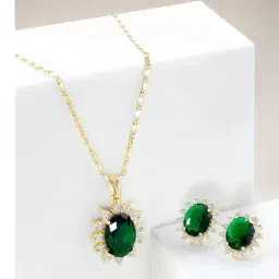 Peora Gold Plated Green Crystal Stone Pendant Chain and Stud Earrings Set-image-77