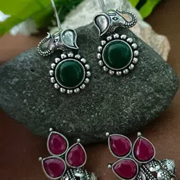 Sanjog Set Of 2 German Silver Silver-Plated Stones Circular Oxidised Drop Earrings-image-63