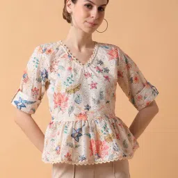showoffff SHOWOFF Cream Floral Print Schiffli Top-picture-18