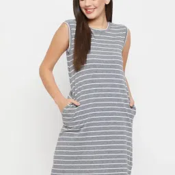 Clovia Grey Cotton Striped Night Dress-image-36