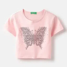 United Colors of Benetton Girls Pink Cotton Embellished T-Shirt-picture-39