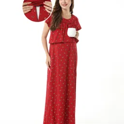 Bella Mama Cotton Knit Half Sleeves Stars Print Nursing & Maternity Nighty with Concealed Zipper - Red-image-39