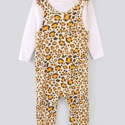 Bonfino 100% Cotton Knit Dungaree Style Romper with Full Sleeves T-Shirt Leopard Print - Beige & White-picture-30