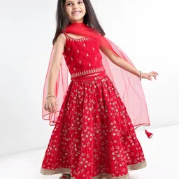 Babyhug Woven Sleeveless Choli & Lehenga Set with Dupatta Sequins & Embroidery Detailing - Red-picture-23