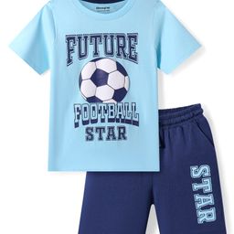 Honeyhap Premium 100% Premium Cotton Knit Half Sleeves Football Printed Shorts Night Suit - Blue Elixir & Navy Peony-picture-1