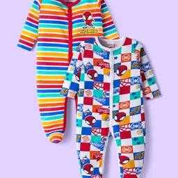 Babyhug Marvel Interlock Knit Full Sleeves Spider Man Graphics Sleep Suits Pack Of 2 - Blue & Red-picture-18
