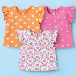 Babyhug Cotton Knit Frill Sleeves T-Shirts With Floral & Heart Print Pack Of 3 - Orange & Dark Pink-picture-10