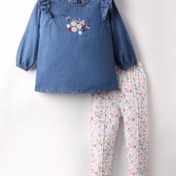 ToffyHouse Full Sleeves Top and Leggings Set Floral Embroidery & Print - Navy Blue & White-picture-4