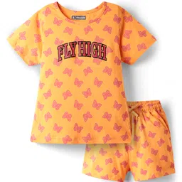 Pine Kids Single Jersey Knit Half Sleeves Co-ords Shorts Night Suit With Butterfly Print - Orange-picture-33