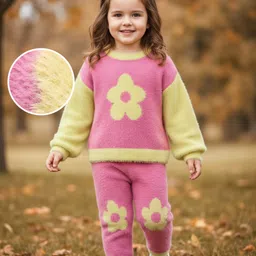 Babyhug Knit Full Sleeves Winter Wear T-Shirt & Lounge Pant Set With Floral Print - Pink & Yellow-picture-28