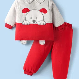 Babyhug Cotton Knit Full Sleeves T-Shirt & Lounge Pant Set With Animal Embriodery & Cap - Red & Grey-image-29