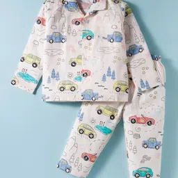 Mini Taurus Cotton Knit Full Sleeves Co-ord Night Suit with Vehicle Print - Peach-picture-11