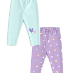 Nautinati Cotton Lycra Knit Pack Of 2 Hearts Printed Leggings - Blue & Lavender-image-84