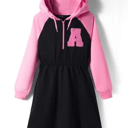 Pine Kids Cotton Knit Full Raglan Sleeves Winter Hooded Sweatshirt Dress With A Text Print - Black & Pink-image-2